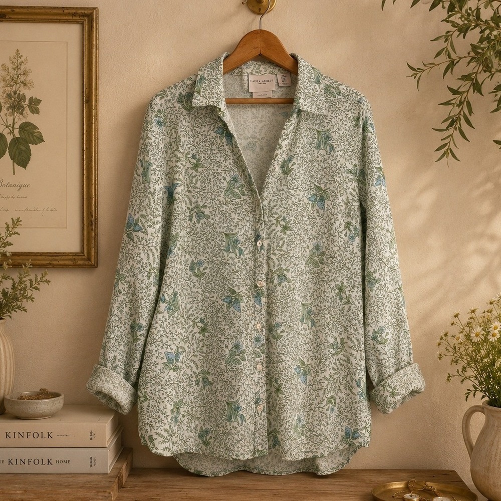 Laura Ashley Linen Button Down Shirt Women M Floral Cottagecore Prairie Boho Top